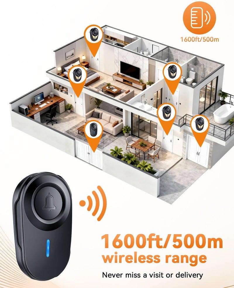 Hapythda Wireless Doorbell,Classroom Doorbell with 48 Chimes 5 Volume Levels Metal Horn,1600FT Range Consumption Wireless Doorbells for Home,Low Power 5-Year Battery Doorbell,Black - Image 4